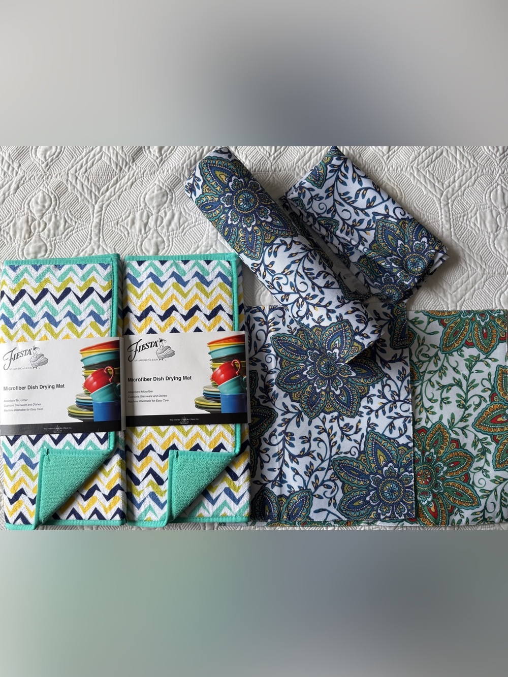 6 pc set Fiesta Chevron & Paisley Kitchen Linen Set in Teal, Yellow, Navy, White